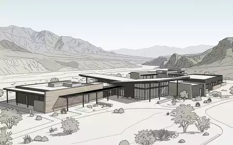 Moderner Architektur-Render zeigt Silhouette von Death-Valley-Nationalpark in Furnace Creek USA, klare Linien und neutrales Tageslicht - Foto: THN