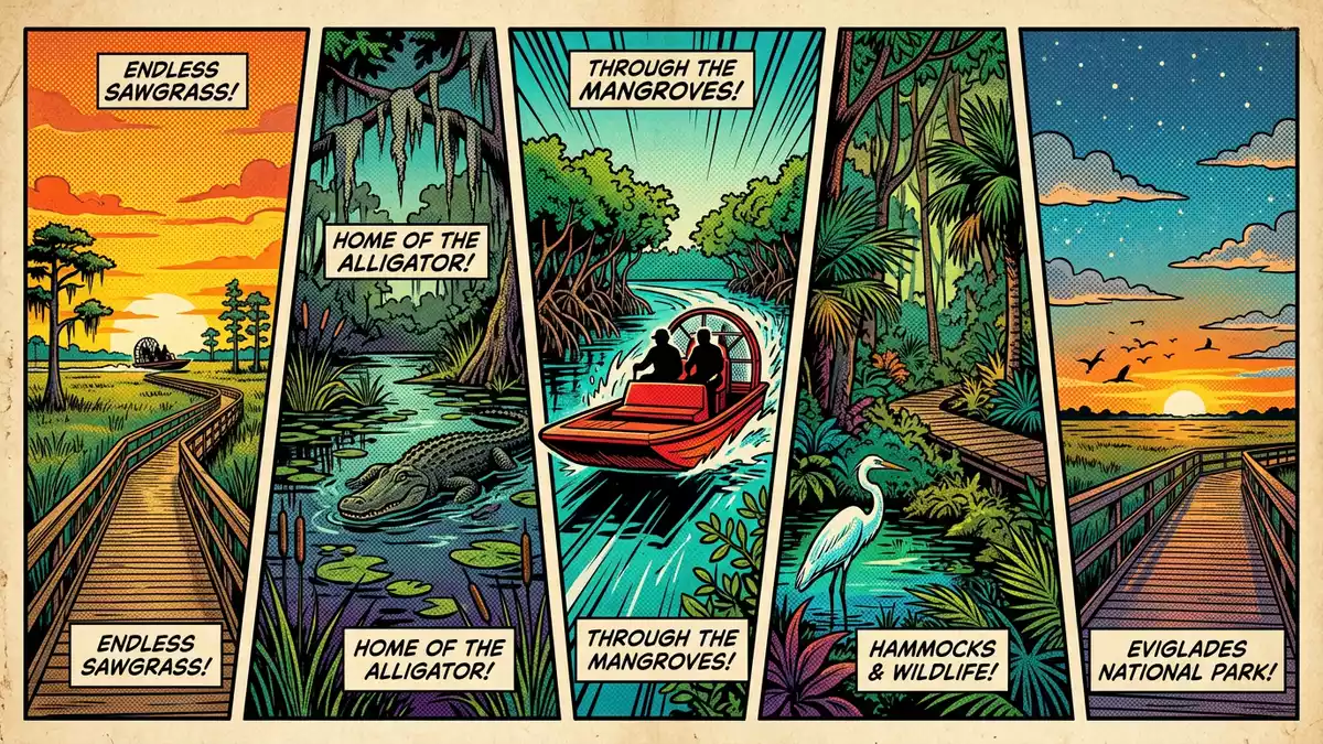 Pop-Art-Comic von Everglades-Nationalpark in Homestead, USA mit Rasterpunkten