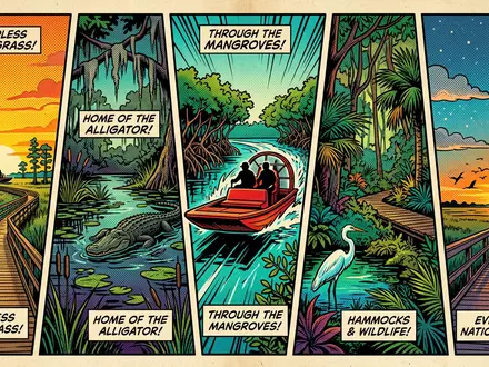 Pop-Art-Comicillustration des Wahrzeichens Everglades-Nationalpark in Homestead USA, kraeftige Konturen Rasterpunkte und satte Farben - Foto: THN