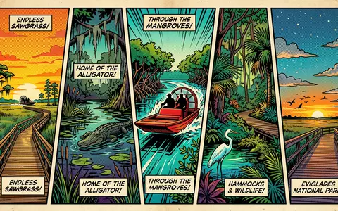 Pop-Art-Comicillustration des Wahrzeichens Everglades-Nationalpark in Homestead USA, kraeftige Konturen Rasterpunkte und satte Farben - Foto: THN