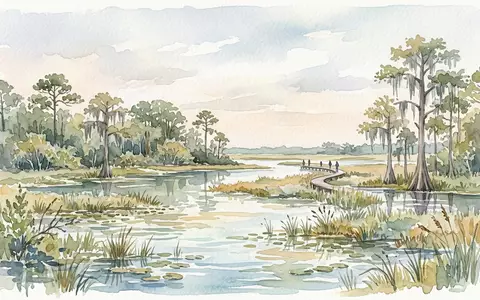 Aquarellillustration des Wahrzeichens Everglades-Nationalpark in Homestead USA, weiche Farbverläufe und pastelliges Reiseposter-Feeling - Foto: THN