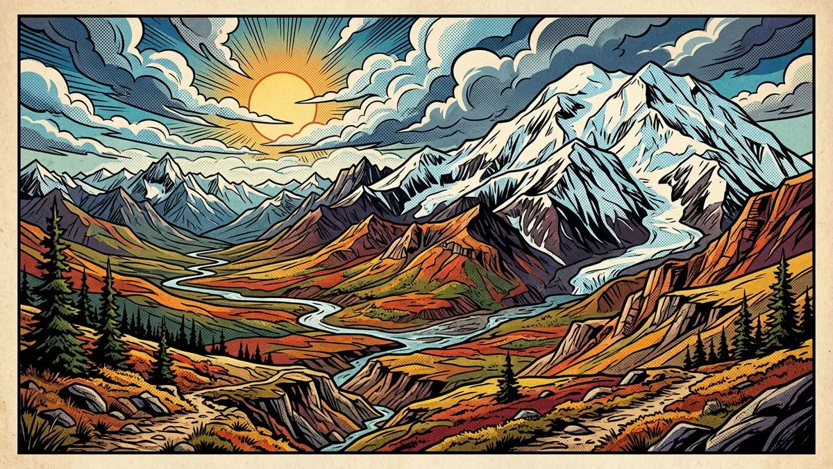 Pop-Art-Comic von Denali-Nationalpark in Denali Park, USA mit Rasterpunkten