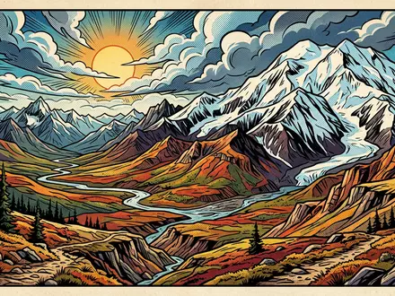 Pop-Art-Comicillustration des Wahrzeichens Denali-Nationalpark in Denali Park USA, kraeftige Konturen Rasterpunkte und satte Farben - Foto: THN