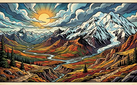 Pop-Art-Comicillustration des Wahrzeichens Denali-Nationalpark in Denali Park USA, kraeftige Konturen Rasterpunkte und satte Farben - Foto: THN