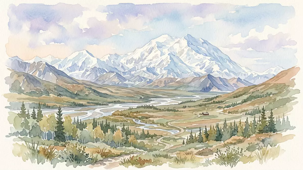Aquarell-Illustration von Denali-Nationalpark in Denali Park, USA als Reiseposter