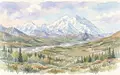 Aquarellillustration des Wahrzeichens Denali-Nationalpark in Denali Park USA, weiche Farbverläufe und pastelliges Reiseposter-Feeling - Foto: THN