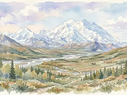 Aquarellillustration des Wahrzeichens Denali-Nationalpark in Denali Park USA, weiche Farbverläufe und pastelliges Reiseposter-Feeling - Foto: THN