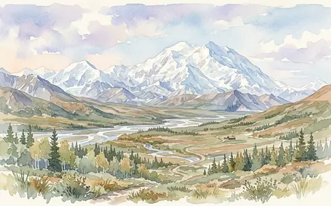 Aquarellillustration des Wahrzeichens Denali-Nationalpark in Denali Park USA, weiche Farbverläufe und pastelliges Reiseposter-Feeling - Foto: THN
