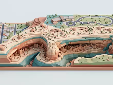 Isometrisches Diorama von Mesa-Verde-Nationalpark und Umgebung in Cortez USA, verspielte Low-Poly-Kulisse in Pastellfarben - Foto: THN