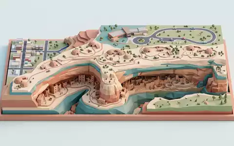 Isometrisches Diorama von Mesa-Verde-Nationalpark und Umgebung in Cortez USA, verspielte Low-Poly-Kulisse in Pastellfarben - Foto: THN