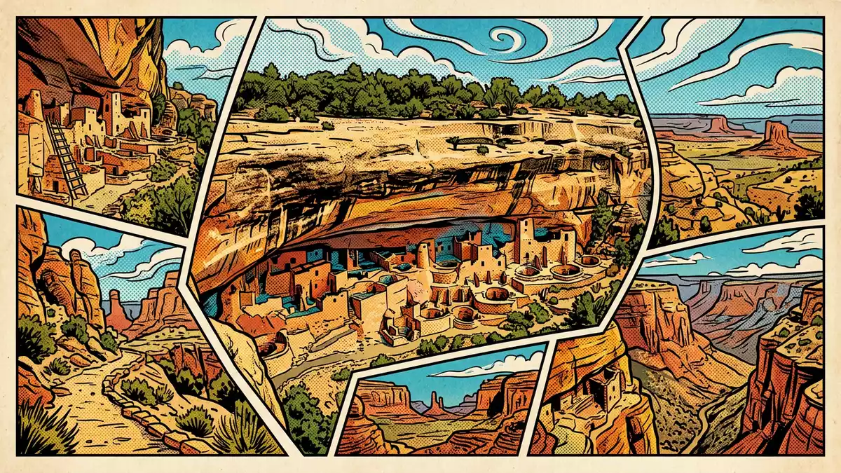 Pop-Art-Comic von Mesa-Verde-Nationalpark in Cortez, USA mit Rasterpunkten