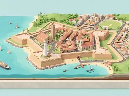 Isometrisches Diorama von Galle Fort und Umgebung in Galle Sri Lanka, verspielte Low-Poly-Kulisse in Pastellfarben - Foto: THN