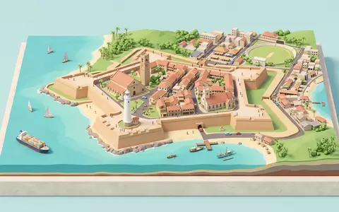 Isometrisches Diorama von Galle Fort und Umgebung in Galle Sri Lanka, verspielte Low-Poly-Kulisse in Pastellfarben - Foto: THN