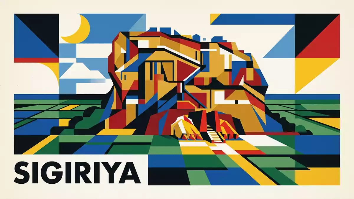 Bauhaus-Poster als Abstraktion von Sigiriya-Felsenfestung in Sigiriya, Sri Lanka