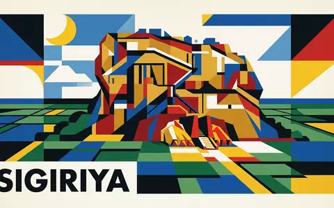Bauhaus-Poster als geometrische Abstraktion von Sigiriya-Felsenfestung in Sigiriya Sri Lanka, kraeftige Grundfarben und harte Formkanten - Foto: THN