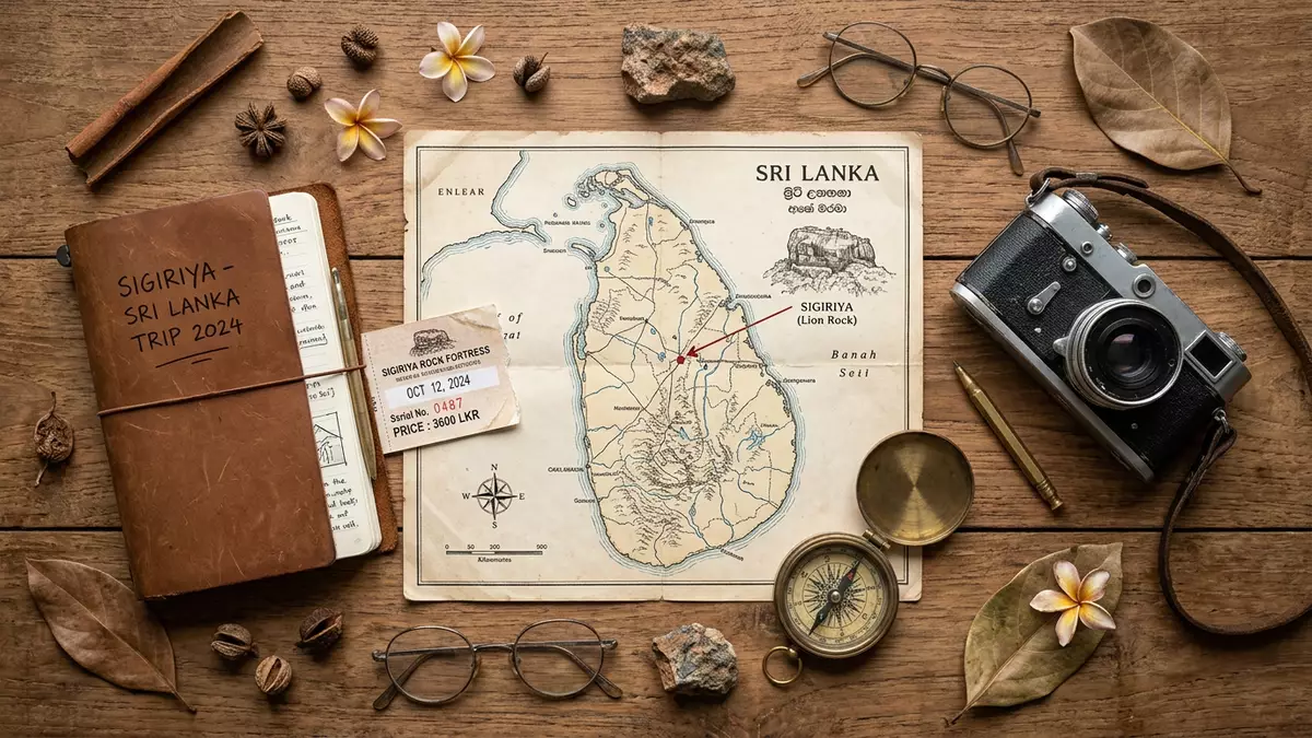 Flatlay-Reise-Arrangement rund um Sigiriya-Felsenfestung in Sigiriya, Sri Lanka