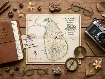 Flatlay-Reise-Arrangement rund um Sigiriya-Felsenfestung in Sigiriya Sri Lanka, Karte Kompass Kamera und generische Reiserequisiten - Foto: THN
