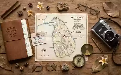 Flatlay-Reise-Arrangement rund um Sigiriya-Felsenfestung in Sigiriya Sri Lanka, Karte Kompass Kamera und generische Reiserequisiten - Foto: THN