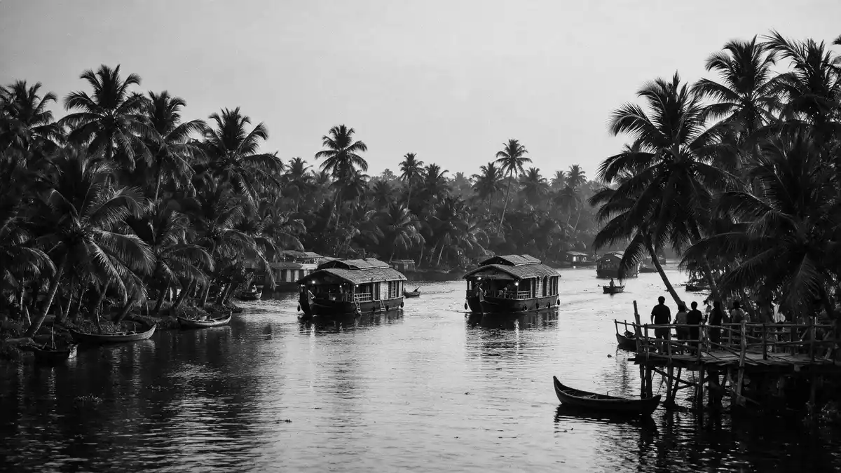 Schwarzweiss-Reportage vom Wahrzeichen Kerala Backwaters in Alappuzha, Indien