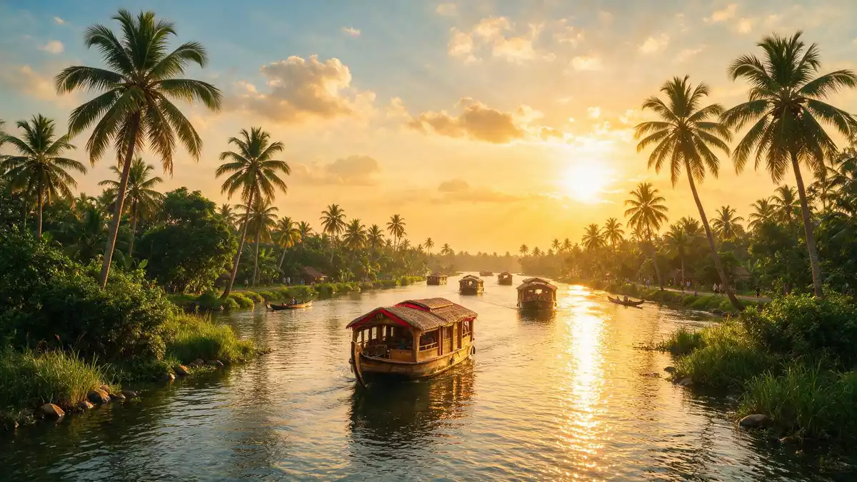 Fotorealistische Ansicht von Kerala Backwaters in Alappuzha, Indien im Abendlicht