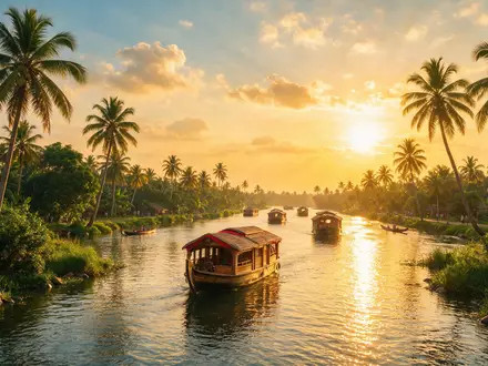 Fotorealistische Panoramaaufnahme von Kerala Backwaters in Alappuzha Indien, warmes Abendlicht auf Wahrzeichen - Foto: THN