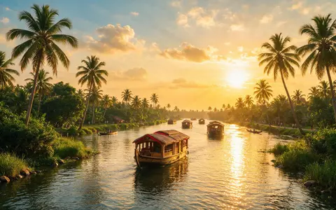 Fotorealistische Panoramaaufnahme von Kerala Backwaters in Alappuzha Indien, warmes Abendlicht auf Wahrzeichen - Foto: THN