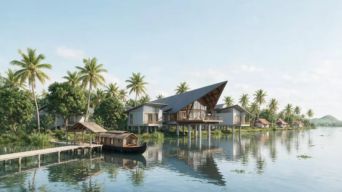 Architektur-Render von Kerala Backwaters in Alappuzha, Indien bei Tageslicht