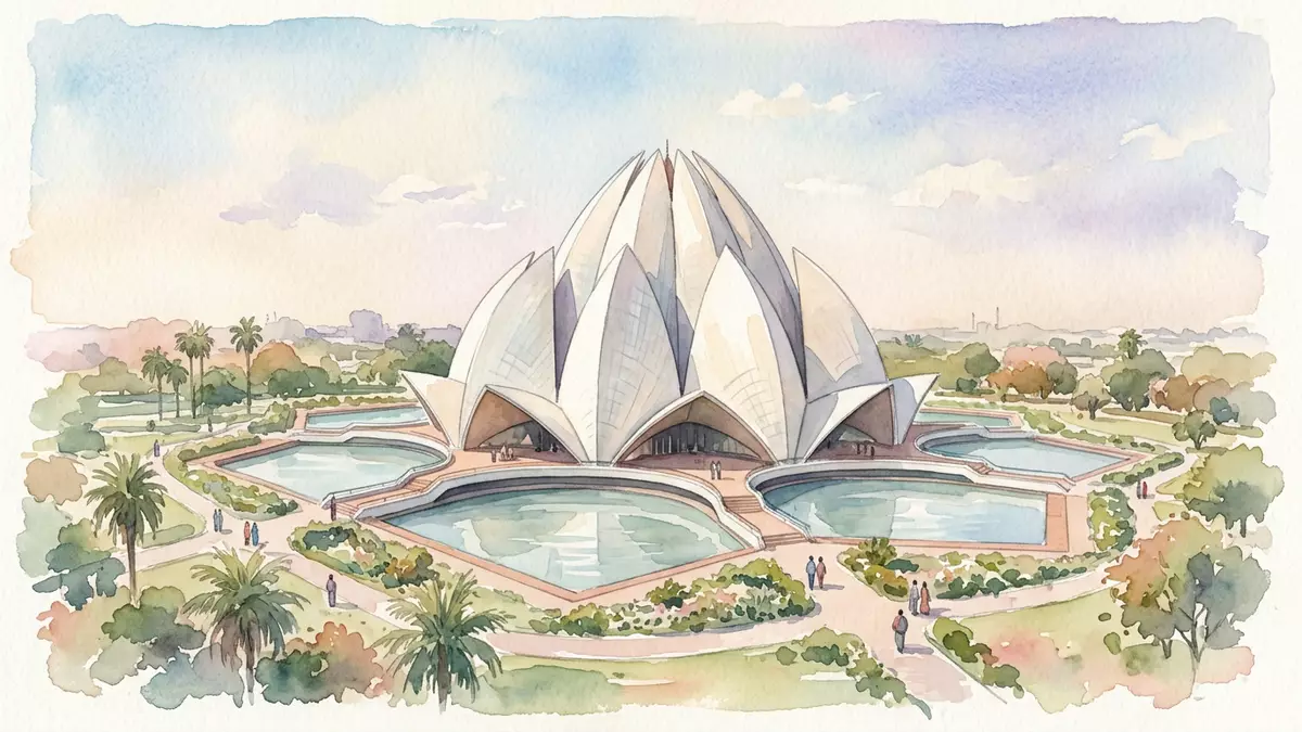 Aquarell-Illustration von Lotustempel Delhi in Delhi, Indien als Reiseposter