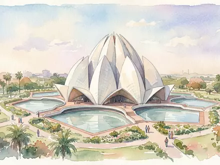 Aquarellillustration des Wahrzeichens Lotustempel Delhi in Delhi Indien, weiche Farbverläufe und pastelliges Reiseposter-Feeling - Foto: THN