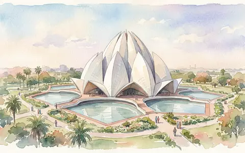 Aquarellillustration des Wahrzeichens Lotustempel Delhi in Delhi Indien, weiche Farbverläufe und pastelliges Reiseposter-Feeling - Foto: THN