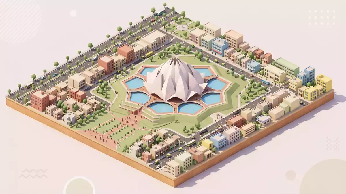 Isometrisches Diorama von Lotustempel Delhi in Delhi, Indien in Pastell