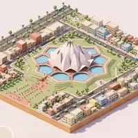 Isometrisches Diorama von Lotustempel Delhi und Umgebung in Delhi Indien, verspielte Low-Poly-Kulisse in Pastellfarben - Foto: THN