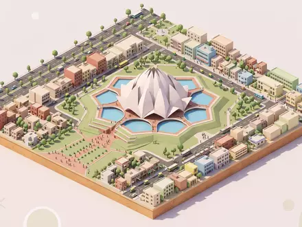 Isometrisches Diorama von Lotustempel Delhi und Umgebung in Delhi Indien, verspielte Low-Poly-Kulisse in Pastellfarben - Foto: THN