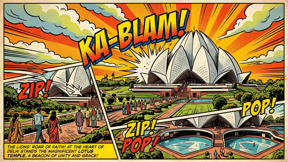 Pop-Art-Comic von Lotustempel Delhi in Delhi, Indien mit Rasterpunkten
