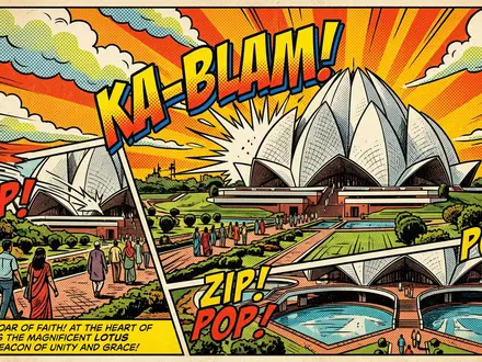 Pop-Art-Comicillustration des Wahrzeichens Lotustempel Delhi in Delhi Indien, kraeftige Konturen Rasterpunkte und satte Farben - Foto: THN