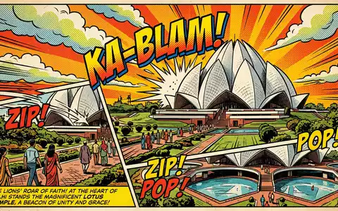 Pop-Art-Comicillustration des Wahrzeichens Lotustempel Delhi in Delhi Indien, kraeftige Konturen Rasterpunkte und satte Farben - Foto: THN