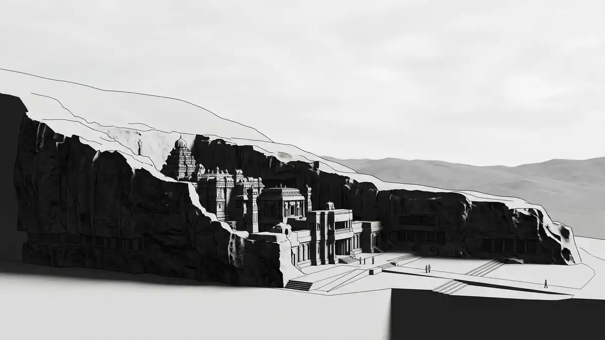 Architektur-Render von Ellora-Höhlen in Aurangabad, Indien bei Tageslicht