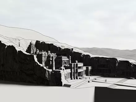 Moderner Architektur-Render zeigt Silhouette von Ellora-Höhlen in Aurangabad Indien, klare Linien und neutrales Tageslicht - Foto: THN