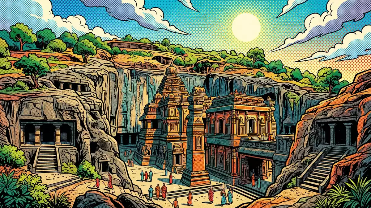 Pop-Art-Comic von Ellora-Höhlen in Aurangabad, Indien mit Rasterpunkten