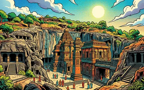 Pop-Art-Comicillustration des Wahrzeichens Ellora-Höhlen in Aurangabad Indien, kraeftige Konturen Rasterpunkte und satte Farben - Foto: THN