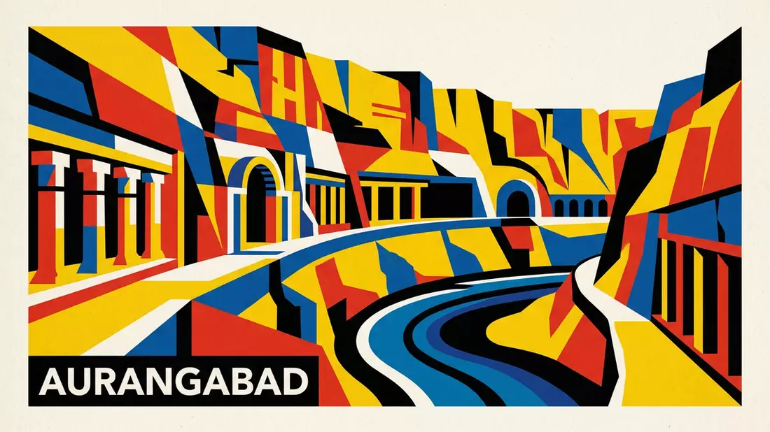 Bauhaus-Poster als Abstraktion von Ajanta-Höhlen in Aurangabad, Indien
