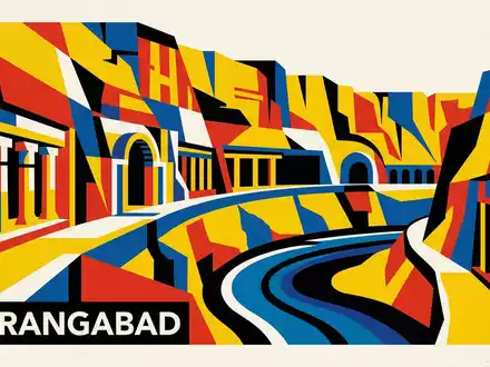 Bauhaus-Poster als geometrische Abstraktion von Ajanta-Höhlen in Aurangabad Indien, kraeftige Grundfarben und harte Formkanten - Foto: THN