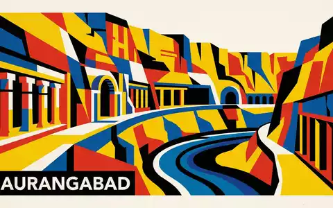 Bauhaus-Poster als geometrische Abstraktion von Ajanta-Höhlen in Aurangabad Indien, kraeftige Grundfarben und harte Formkanten - Foto: THN