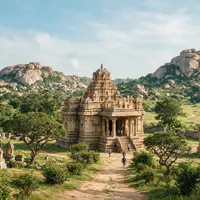 Editorialbild im Reisemagazin-Stil vom Wahrzeichen Hampi in Hampi Indien, ausgewogene Bildgestaltung und natuerliches Umgebungslicht - Foto: THN