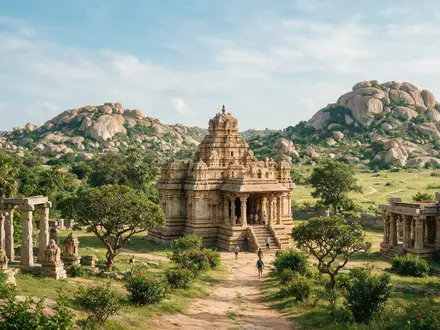 Editorialbild im Reisemagazin-Stil vom Wahrzeichen Hampi in Hampi Indien, ausgewogene Bildgestaltung und natuerliches Umgebungslicht - Foto: THN