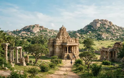 Editorialbild im Reisemagazin-Stil vom Wahrzeichen Hampi in Hampi Indien, ausgewogene Bildgestaltung und natuerliches Umgebungslicht - Foto: THN