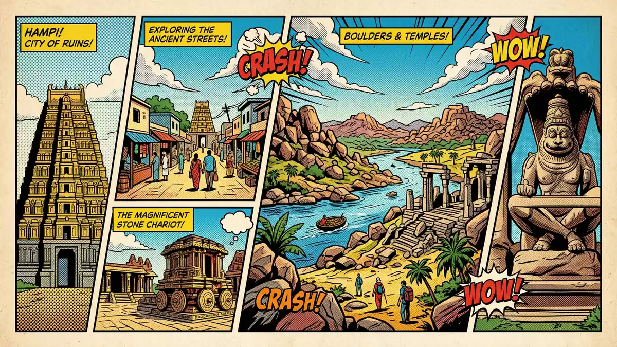 Pop-Art-Comic von Hampi in Hampi, Indien mit Rasterpunkten