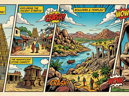 Pop-Art-Comicillustration des Wahrzeichens Hampi in Hampi Indien, kraeftige Konturen Rasterpunkte und satte Farben - Foto: THN