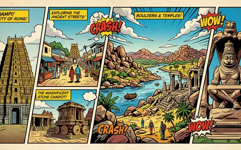 Pop-Art-Comicillustration des Wahrzeichens Hampi in Hampi Indien, kraeftige Konturen Rasterpunkte und satte Farben - Foto: THN