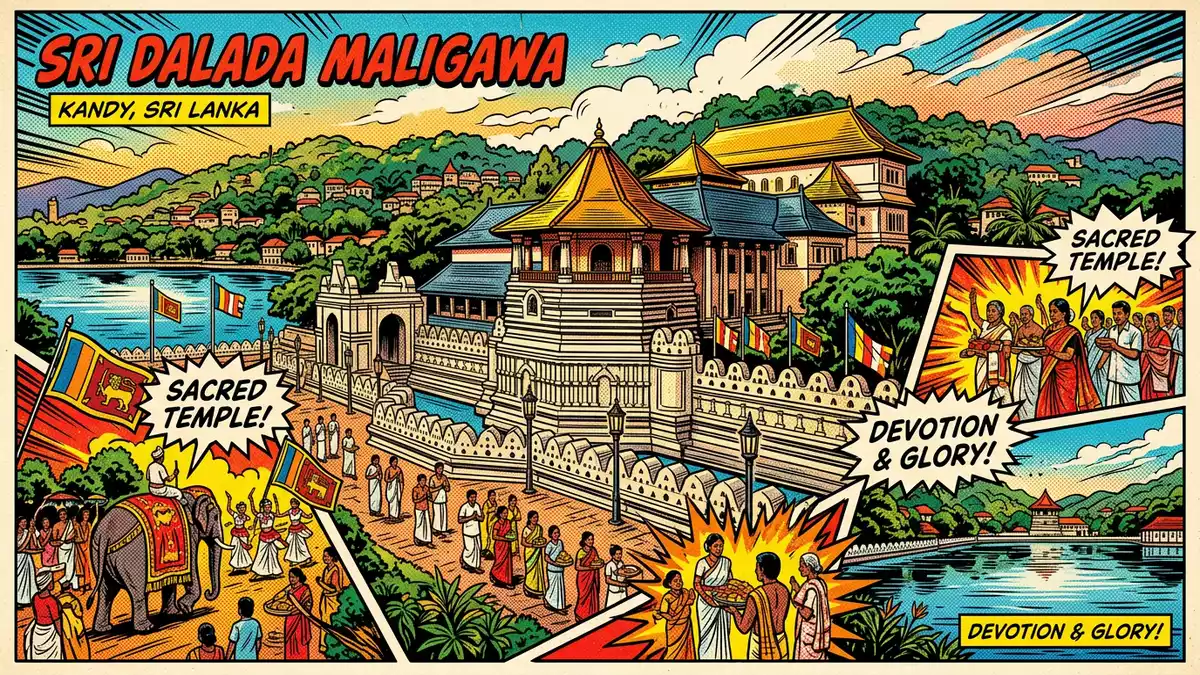 Pop-Art-Comic von Zahntempel Kandy in Kandy, Sri Lanka mit Rasterpunkten